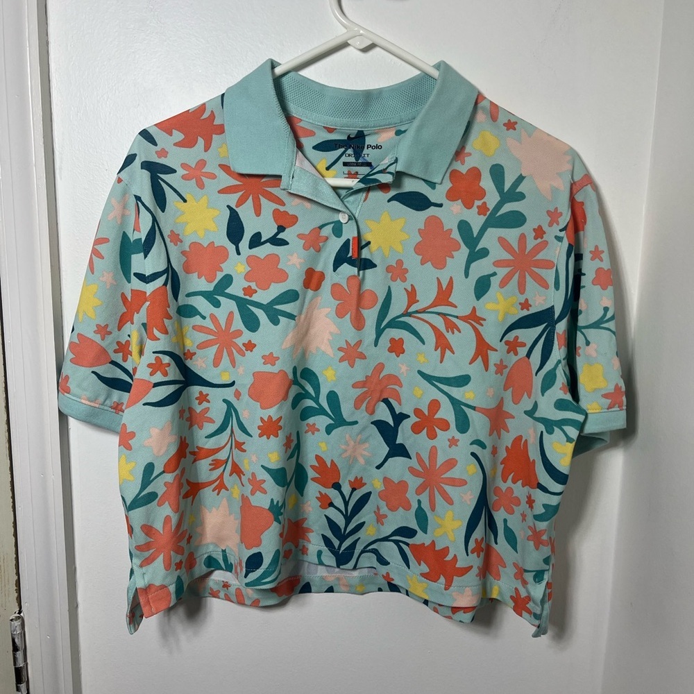 Nike Dri-FIT Floral Polo Shirt Large Loose Fit Aqua Multicolor Golf